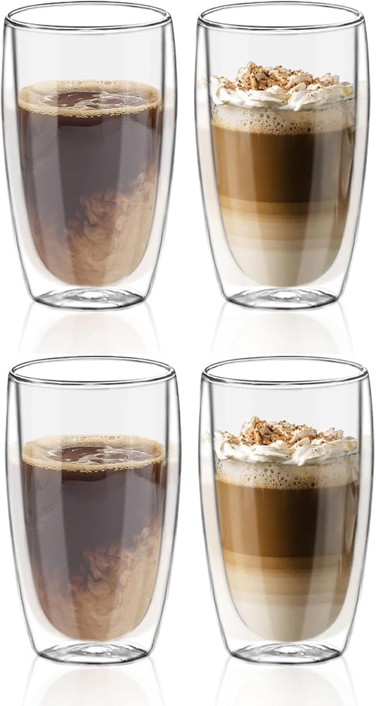 Glass Coffee Cups Set of 4, 15 oz Insulated Double Wall Glass Espresso Cups, Coffee Mug for Espresso, Cappuccino, Latte, Tea