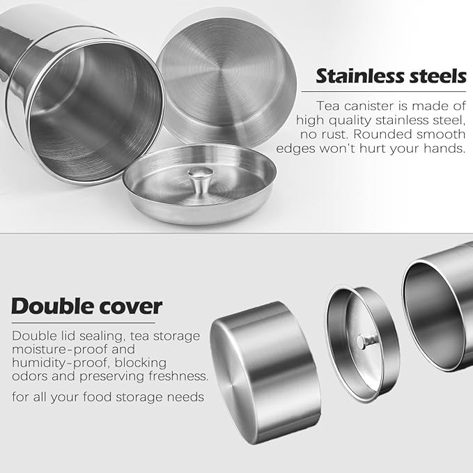 Tea Tin Canister, Storage Cup, Stainless Steel Storage Container with Airtight Double Lids, Kitchen Cup for Tea Coffee Sugar Seasoning Storage (Large)