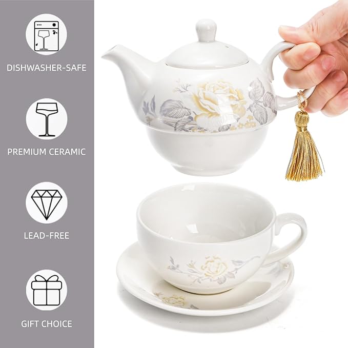 Tea for One Set, Porcelain Floral Teapot Cup Saucer Set with Tassel Decorative, Vintage Bone China Teapot Rose Pattern Gift for Women Home Office, Dishwasher, Microwave Safe
