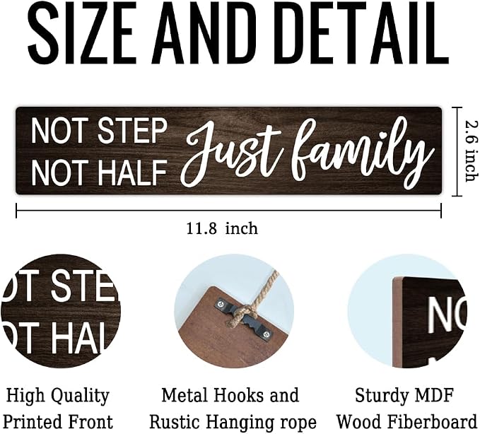 AGMDESIGN Not Step Not Half Just Family Wood Sign, Heartwarming Family Unity Wall Decor for Shelf Desk Door, Farmhouse Bedroom Kitchen Bathroom Wood Hanging Plaque, Great Gifts for Families - Image 2