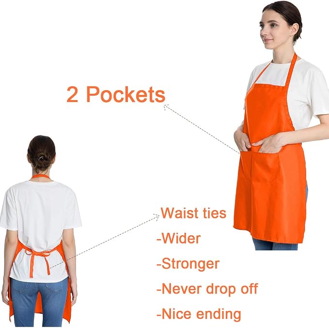 Total 6PCS Plain Color Bib Apron Adult Women Unisex Durable Comfortable with 2 Front Pocket Washable Chef for Cooking Baking Kitchen Restaurant Crafting Orange - Image 3