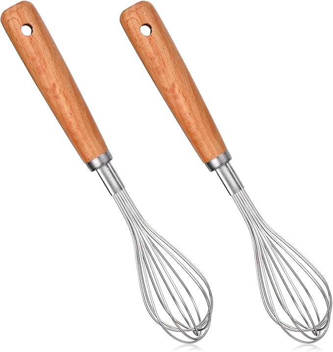 2 PCS Whisk Wooden Handle Stainless Steel, Wisking Tool Stainless, Kitchen Hand Whisk, Non Stick Balloon Whisk for Stirring, Whisking, Beating, Blending, Egg, Batter (8.07"L X 1.57"W)