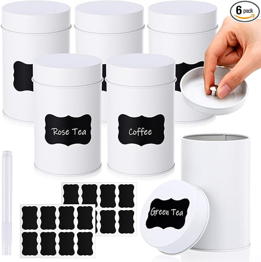 Tanlade 6 Pcs Tea Tin Canister with Airtight Double Lids, 14 oz Tea Containers with 1 Erasable Chalk Marker and 16 Stickers Tin Can Box for Loose Leaf Coffee Sugar Candy Spices