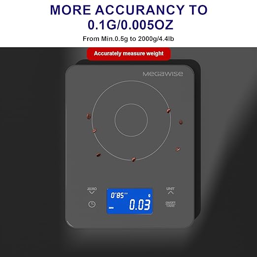 MEGAWISE High Precision 0.1g Coffee/Food Scale with Timer, Dual Power Supply, Waterproof Tempered Glass, 5 Weighing Modes, Professional Coffee Brewing Timer Kitchen