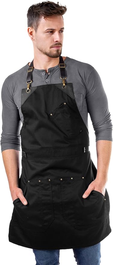 Under NY Sky Barista Apron - Black Leather Straps and Reinforcement - Riveted Pockets - Double Stiched - Leather Ring Loop - Professional Black Twill - Double as Half Bistro Apron - Chefs, Bartender