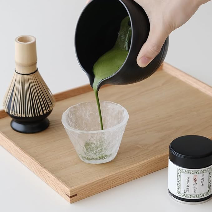 Matcha Whisk Set, Ceramic Matcha Bowl & Whisk Holder, Bamboo Accessory, Modern Design (Matte Crème, Pouring Spout) (Matte Black)