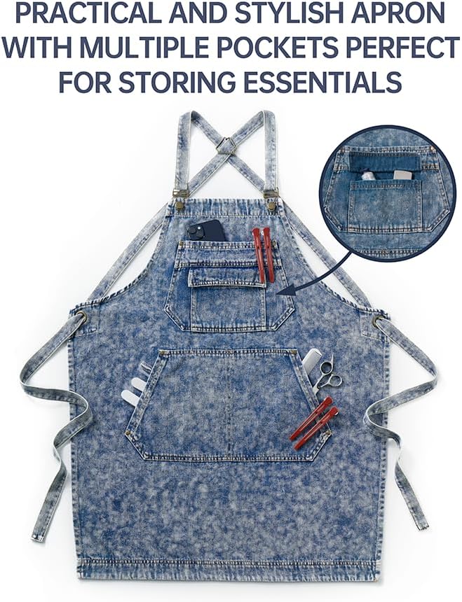 Denim Apron with Pockets for Hair Stylist Gardening Craftsmen Barista Women Hairdresser Jean Work Apron Cross Straps