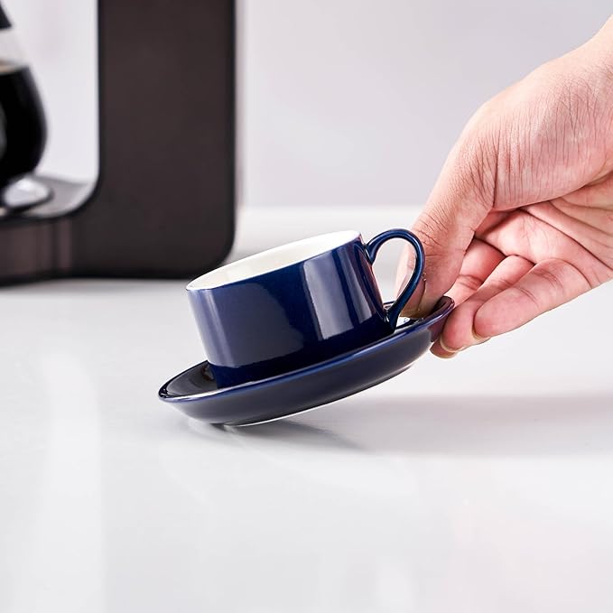 8oz Porcelain Stackable Cappuccino Cups with Saucers and Metal Stand Set of 4, Cappuccino Cups Set of 4, Blue Coffee Cups for Espresso, Specialty Coffee Drinks, Latte, Americano and Tea