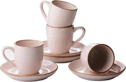 famiware Jupiter Espresso Cups and Saucers Set of 4, 3 oz Ceramic Small Coffee Mug with Handle, Spiral Stoneware Demitasse Cup for Tea, Latte, Cafe - Microwave & Dishwasher Safe, Light Pink
