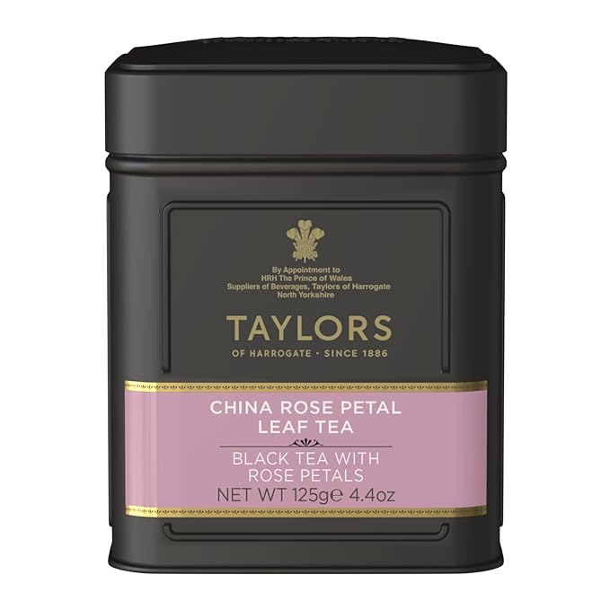 Taylors of Harrogate China Rose Petal, Black Tea, Loose Leaf, 4.41 Ounce Tin Caddy, Fragrant, Delicate, and Floral, Caffeinated, Premium Whole Leaf Tea