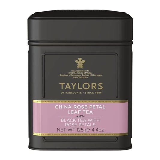 Taylors of Harrogate China Rose Petal, Black Tea, Loose Leaf, 4.41 Ounce Tin Caddy, Fragrant, Delicate, and Floral, Caffeinated, Premium Whole Leaf Tea
