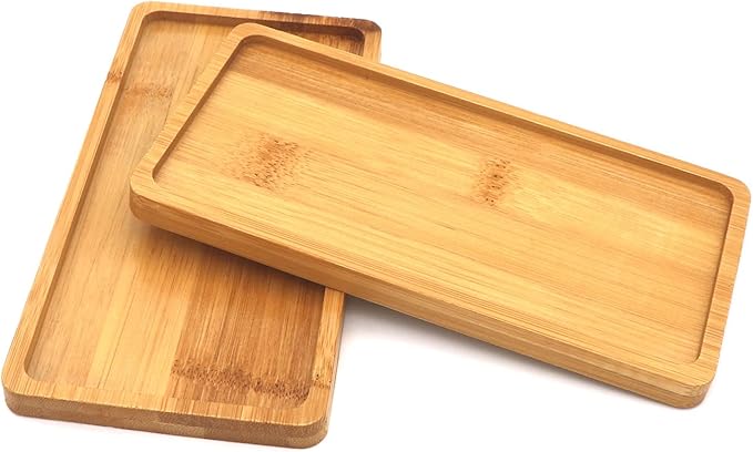 GUKBIAY Bamboo Plant Saucer 6.8 x 3.45 Inch 2 Pack Mini Rectangle Plant Pot Tray Small Bamboo Drainage Saucer for Modern Ceramic Flower Pot