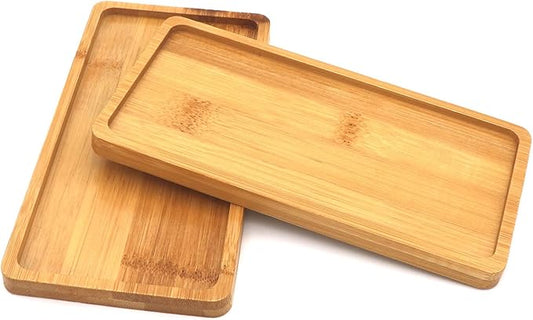 GUKBIAY Bamboo Plant Saucer 6.8 x 3.45 Inch 2 Pack Mini Rectangle Plant Pot Tray Small Bamboo Drainage Saucer for Modern Ceramic Flower Pot