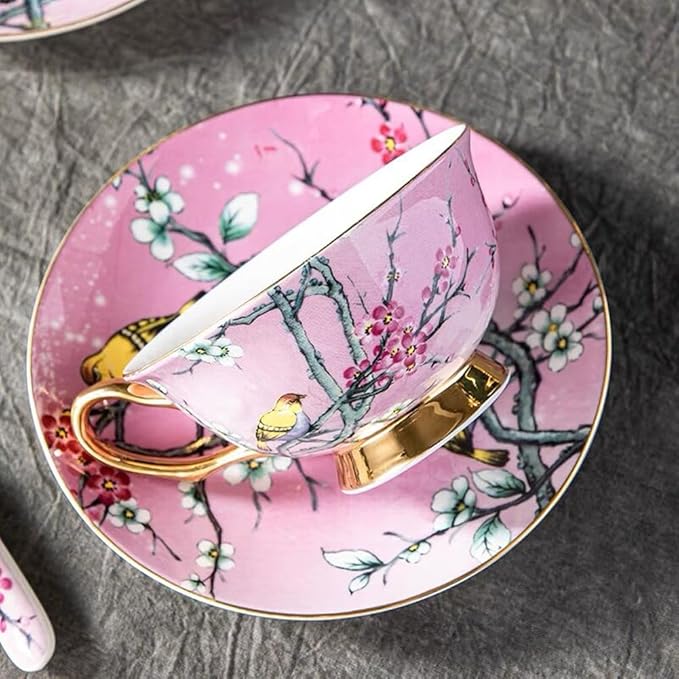 YBK Tech Euro Style Cup& Saucer Set Art Bone China Ceramic Tea Coffee Cup for Breakfast Home Kitchen- Birds and Trees Patterns (Pink)