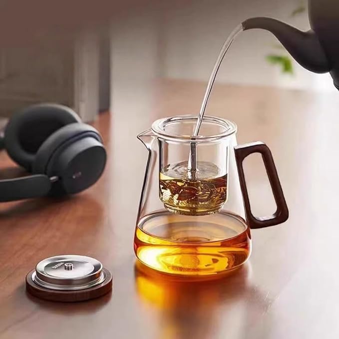 Heat - Resistant Glass Teapot Set with 6 Cups, Press - Type Removable Tea Infuser for Easy Brew & Separation, 800ML/27oz