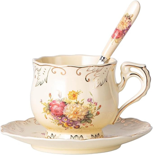 YOLIFE Tea Cup and Saucer Set, 8 oz Tea Cup Set, Teacup, Ceramic Tea Cup with Saucer Spoon, Ivory Vintage Flowering Shrubs with Gold Leaves Trim, Gifts for Women