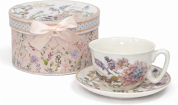 STP GOODS Bone China Tea/Coffee Cup and Saucer in Gift Box Fine Bone China Coffee Cup with Saucer Tea Cup and Saucer Set of One,Porcelain Cup and Saucer (Wildflower Meadow)