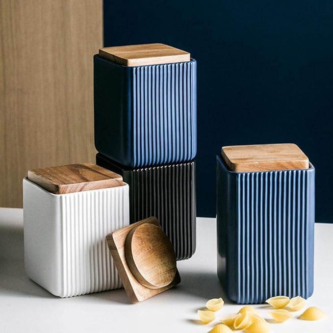 Food Storage Canister, Square Ceramic Cookie Jars Kitchen Canister with Airtight Lid, Good for Coffee Bean, Tea, Spices or Snacks Storage (Black,Large)