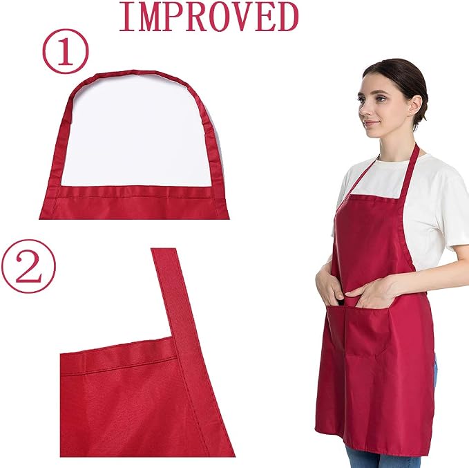 Total 6PCS Deep Red Bib Apron for Women Adult Unisex Durable Comfortable with 2 Front Pockets Washable Chef Aprons for Cooking Baking Kitchen Restaurant Crafting Painting. - Image 2