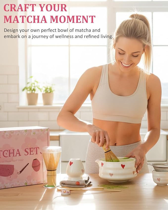 8Pcs Cute Ceramic Matcha Set with Whisk Bowl, Matcha Tea Kit Holder, Bamboo Scoop, Sifter, Towel Included, Valentine's Mother's Day Gift for Matcha Lover Women (Heart Shape White)