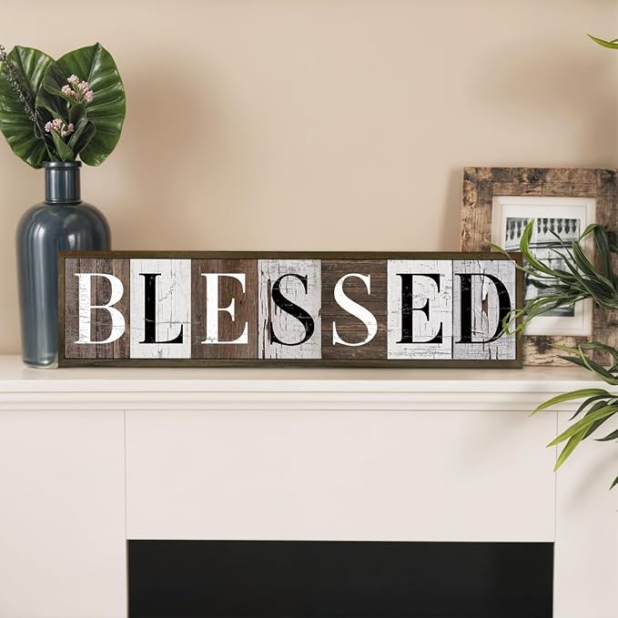 Inspirational Wooden Plaques, Blessed Signs for Wall Decor, Vintage Blessed Hanging Sign, Farmhouse Table Decor, Home Office Decor, Wooden Framed Box Sign 17.8x4x1.2 inches - Image 5