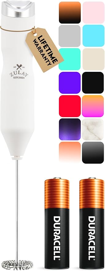 Zulay Kitchen Powerful Frother Wand AA Batteries Included, Ultra Fast Handheld Drink Mixer, Comfort Milk Frother, Stainless Steel Whisker, Frother Handheld for Coffee, Protein & Matcha - Frothmate 2.0