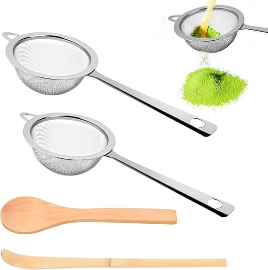 2 Pcs Matcha Strainer, Stainless Steel Matcha Sifter with Handles, Small Strainer Fine Mesh with Tea Spoon and Scoop