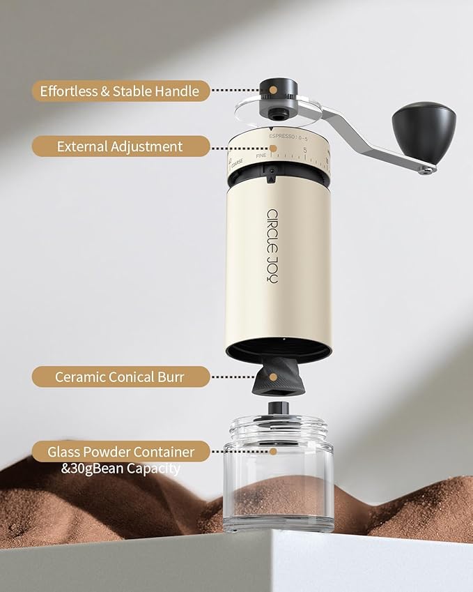 CIRCLE JOY Manual Coffee Grinder with 40 External Adjustable Settings and Ceramic Conical Burr, Portable Stainless Steel Hand Coffee Grinder for Home, Camping, Travel