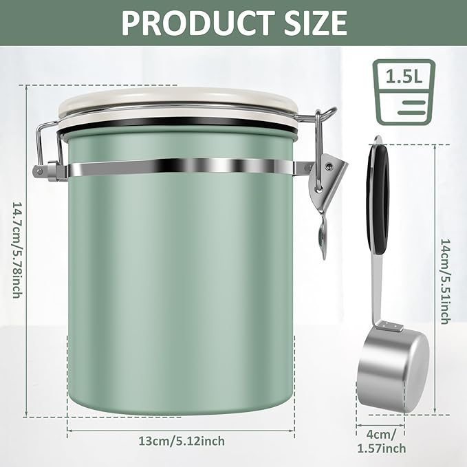 2PCS Coffee Storage Canister 1.5L 51OZ Double Airtight Coffee Beans Container with Date Locator 304 Stainless Steel Kitchen Food Storage Container with Spoon For Coffee Beans Grounds Tea Sugar