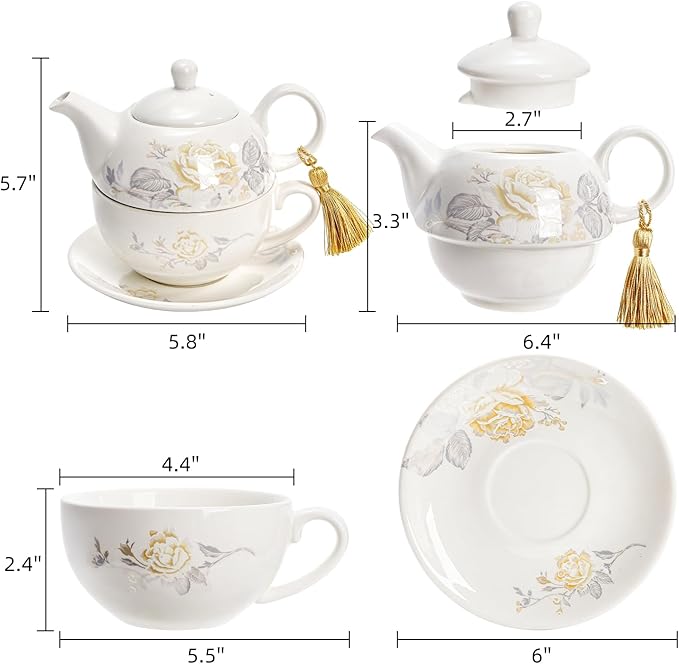 Tea for One Set, Porcelain Floral Teapot Cup Saucer Set with Tassel Decorative, Vintage Bone China Teapot Rose Pattern Gift for Women Home Office, Dishwasher, Microwave Safe