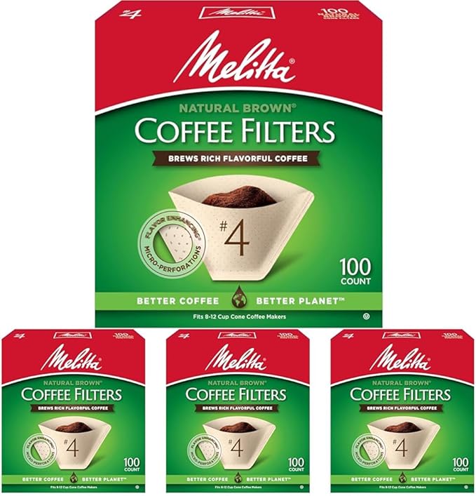 Melitta #4 Cone Coffee Filters, Natural Brown, 300 Total Filters - Fits all 8-12 Cup Cone Coffee Makers and Pour-Overs, Compostable, Tear-Resistant, Made in USA, 100 Count (Pack of 12)