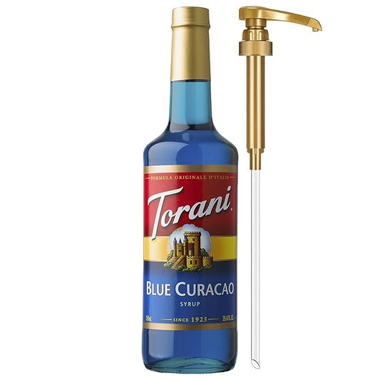 Torani Blue Curacao Syrup, Non-Alcoholic Flavoring for Drinks, Glass Bottle with Pump Included, 25.4 Fl Oz