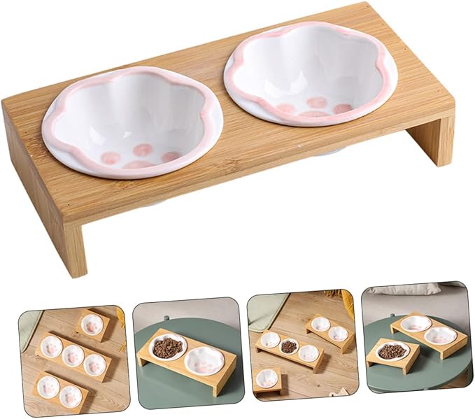 TOYANDONA Ceramic Raised Cat Bowl Whisker-Friendly Design Bamboo Stand for Kitten Feeding Easy to Clean