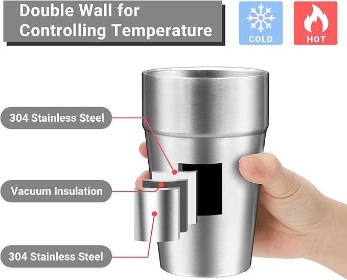 Metal Cups For Drinking, 16 oz Insulated Tumbler, 4 Pack Double Wall Unbreakable Stackable Water Tumblers Insulated Stainless Steel Cups Premium Glasses for Travel Camping Home Outdoor