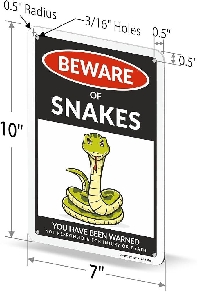 SmartSign Beware Of Snakes Warning Sign - 10"x7", 40 mil Laminated Rust-free Aluminum, Metal Signs for Snake Cave Cage Habitat Decor, Tank Accessories, Outdoors, Gifts - Funny Snakes Theme, USA-Made - Image 6