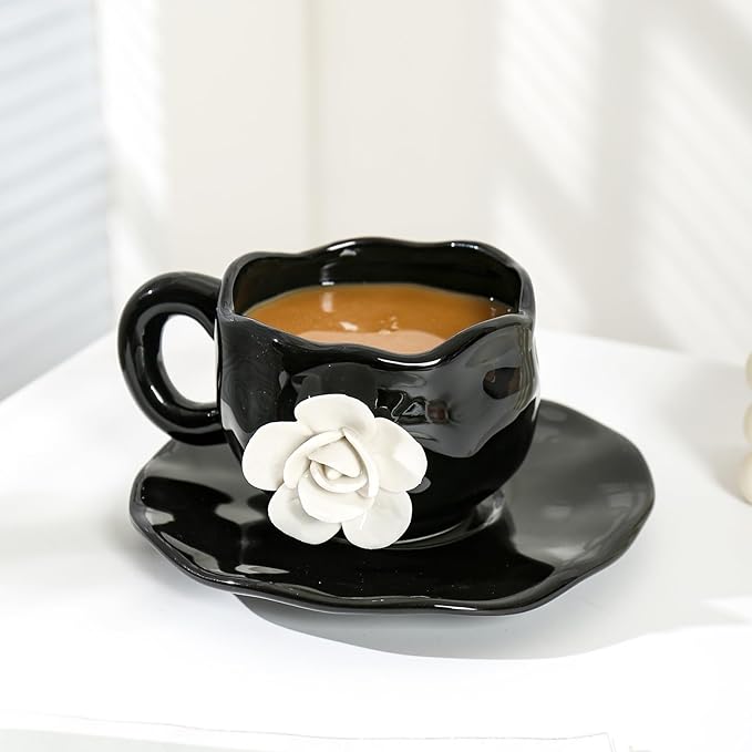 Cute Ceramic Coffee Cups, Unique Fancy Tea Cups with Saucer, 11OZ for Cappuccino Latte Milk