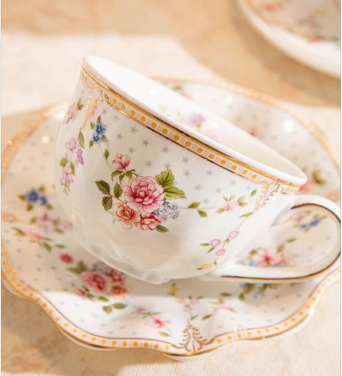 6 oz Vintage flower Ceramic cup and 6" saucer set with Brand customized stainless steel spoon Gifts for Afternoon Tea Coffee Hour(C)