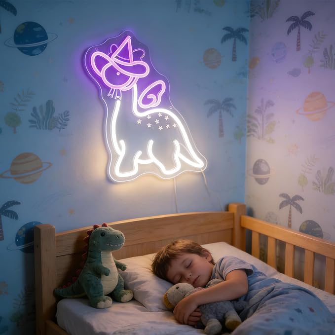 "Dinosaur Princess in Top Hat" Whimsical Character Light - Royal & Playful LED Wall Art for Kids Room, Dinosaur-Themed Party, Playroom or Unique Decor, Dimmable USB,Gift for Dino Fans - Image 2