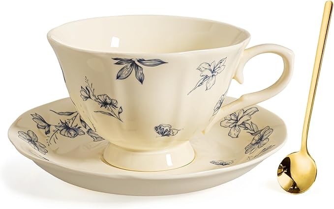 Vintage Porcelain Tea Cup and Saucer Set for 1, 8 oz Cappuccino Cup with Golden Spoon, Small Cream Blue Floral Latte Art Cup, Happy Birthday Gifts