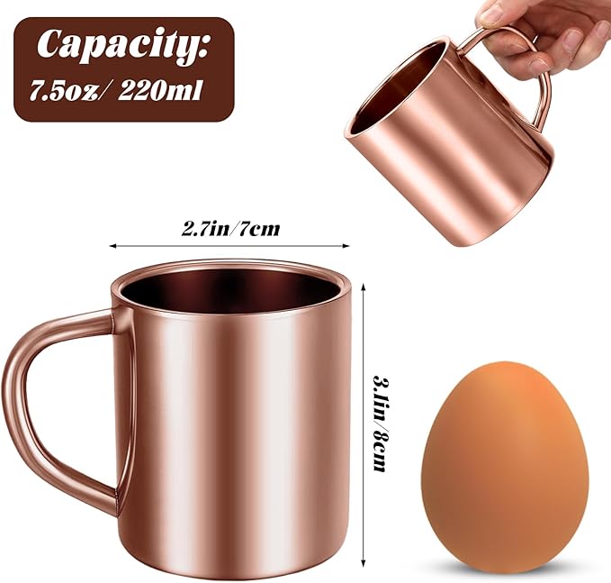 Cunhill 4 Set Small Stainless Steel Coffee Mug 7.5oz/220ml Double Walled Cups Camping Mug with Handle Metal Dishwasher Safe Tea Cups for Home Travel Camping Outdoors Rv Keep Drinks Hot (Rose Gold)
