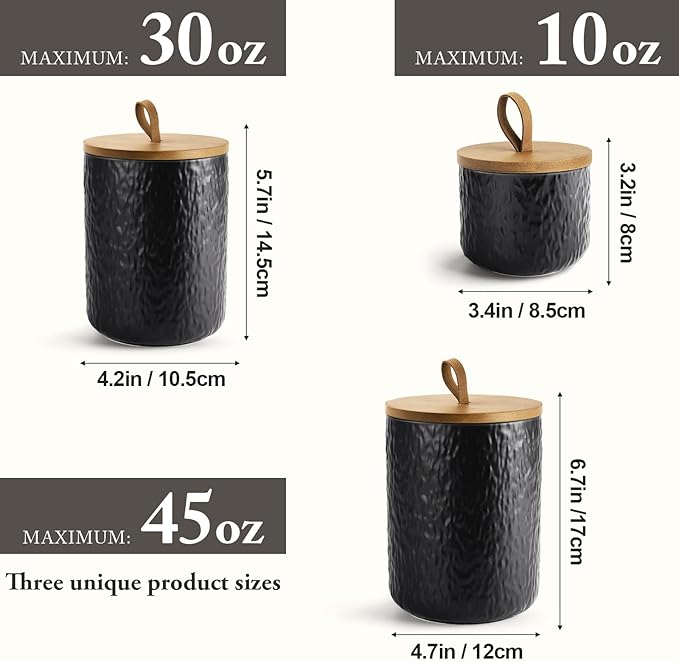 Ceramic Canister Set for Kitchen Countertop, 3 Airtight Food Storage Containers, Modern Coffee Storage Jars for Flour, Sugar, Pasta, Cookies, Tea(Black)