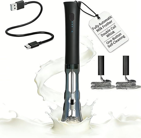 Milk Frother Handheld Rechargeable, Low Noise Electric Coffee Frother Wand with Stand, Stainless Steel Shaft, Anti-Accidental Start, 2 Double Coil Whisks, Kitchen Gifts