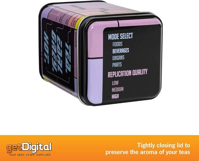 getDigital Tea Tin, Tea. Earl Grey. Hot. - Metal caddy with lid for loose leaf tea storage - Shows the replicator interface from a classic Sci-Fi TV Show - Capacity 17 fl oz