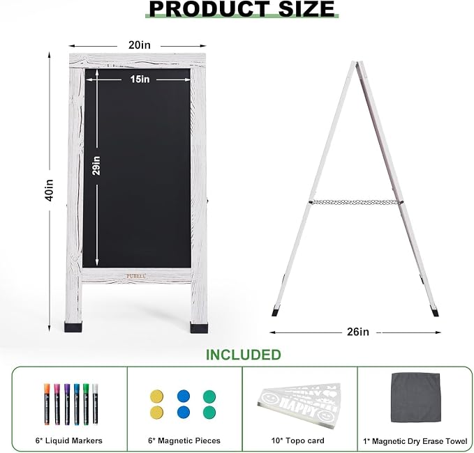 Large Sandwich A-Frame Chalkboard Sign - 40 x 20 Inches Magnetic Wooden Chalk Board for Sidewalk, Stand up Double-Sided Outdoor Easel Display for Restaurant Cafe Shop Wedding Party or Business（White） - Image 2