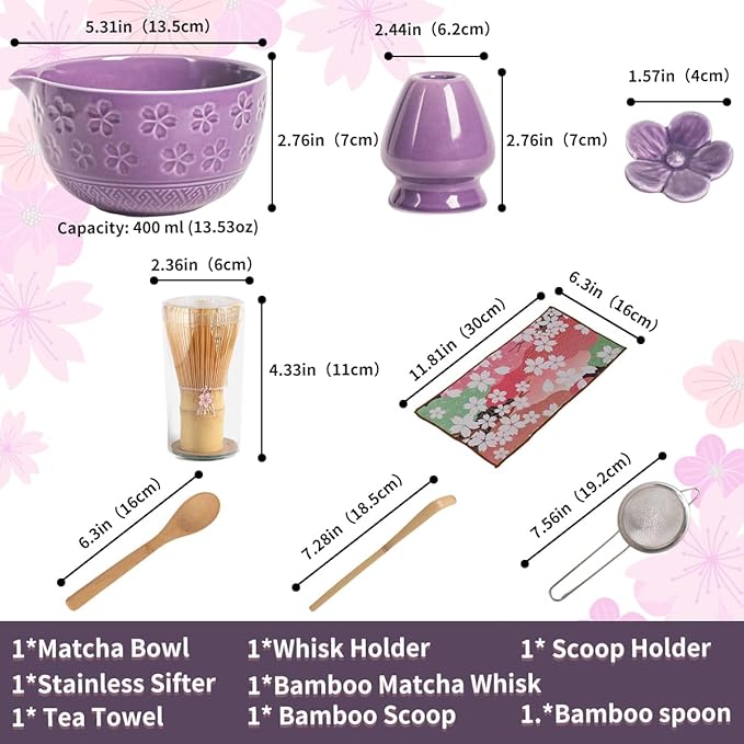 8-Piece Matcha Ceremony Set - Tea Kit with Cherry Blossom Bowl, Bamboo Whisk, Wood Scoops, Tea Cloth & Floral Display - Gift-Ready Pink Cherry color box (Purple;)