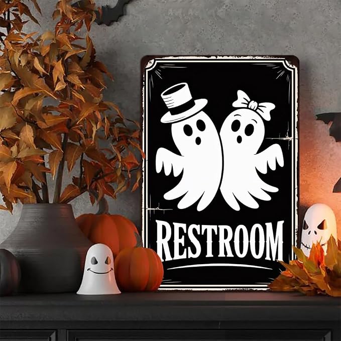 Vintage Halloween Ghost ''Restroom'' Metal Tin Sign - 8x12 Inch, Cute Ghost Bathroom Sign For Toilet, Cafe, Garage, Office Decor, Halloween Party Accessories, Halloween Decor - Image 7