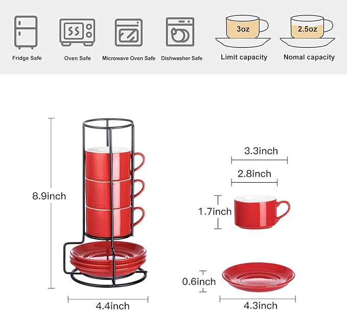 2.5oz Espresso Cups Set of 4, Porcelain Stackable Espresso Cups with Saucers and Metal Stand Set, Red Expresso Shots Cup Set