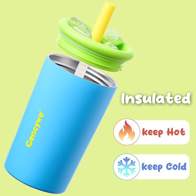 2 PACK Kids Double Walled Stainless Steel Cups with Straws and lids | 12 oz Spill-Proof Sippy Smoothie Tumbler Set, Small Kids Snack & Drink Water Cups, BPA-Free (Age: 3+ years old & up)