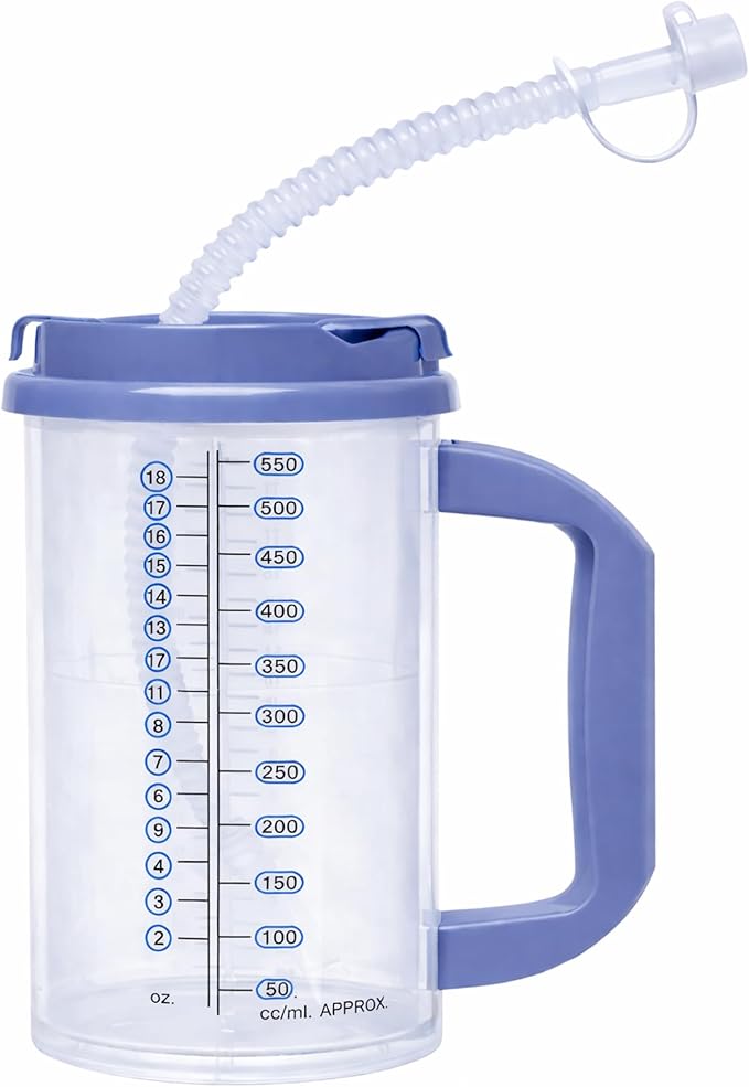Vakly Hospital Carafe Insulated Double-Walled Water Tracking Bottle 18 oz – Refillable Hot & Cold Bottle with Flexible Straw and Pouring/Sipping Spout for Bedside or Patient Care