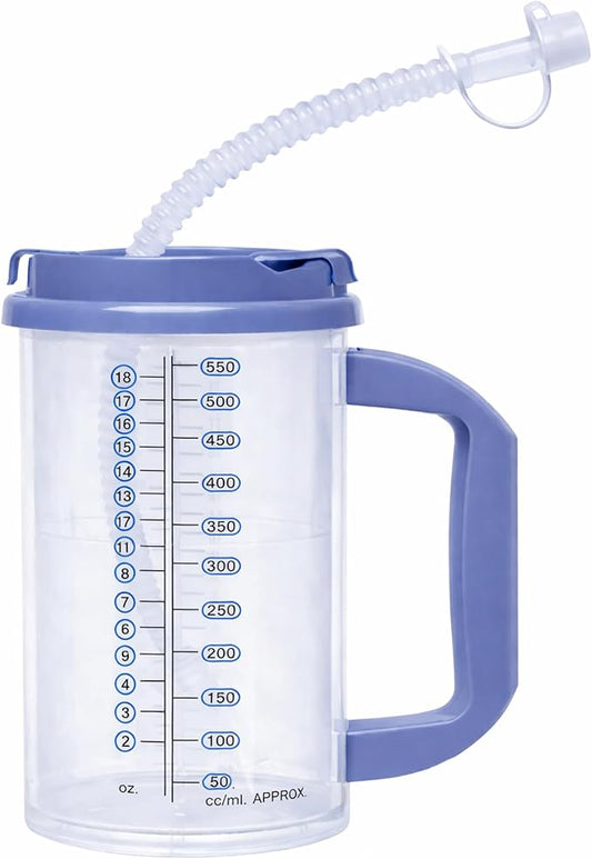 Vakly Hospital Carafe Insulated Double-Walled Water Tracking Bottle 18 oz – Refillable Hot & Cold Bottle with Flexible Straw and Pouring/Sipping Spout for Bedside or Patient Care